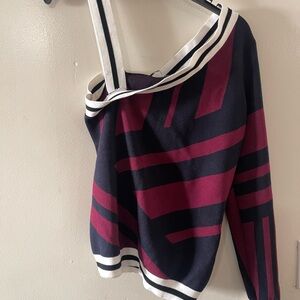 Karen Millen Black, Burgundy and Off White stripes knit Cold Shoulder Top